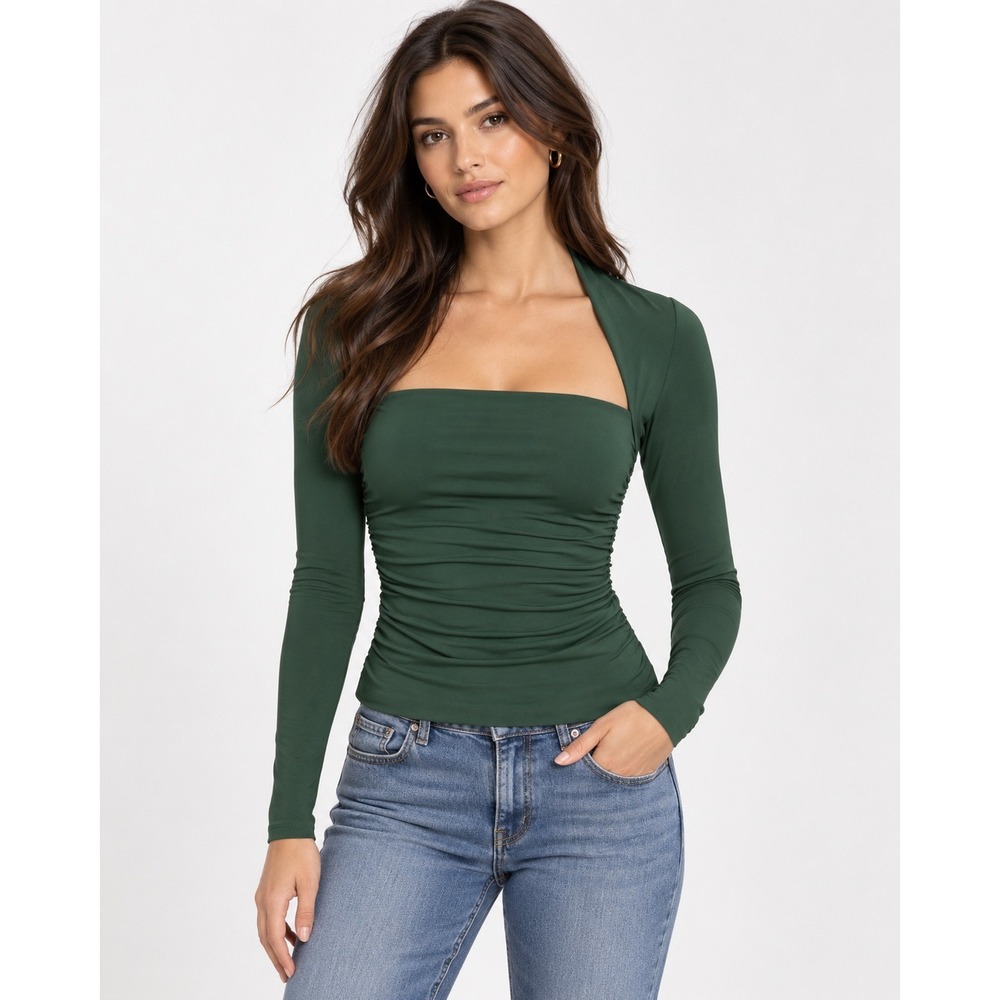 Aritzia Contour Ruched Long Sleeve Top Green Square Neck M